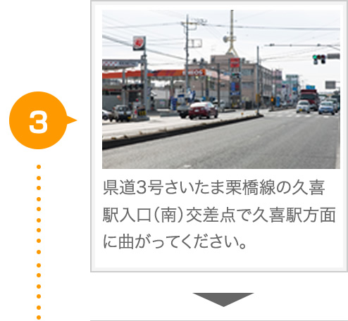 県道3号さいたま栗橋線の久喜駅入口（南）交差点で久喜駅方面に曲がってください。